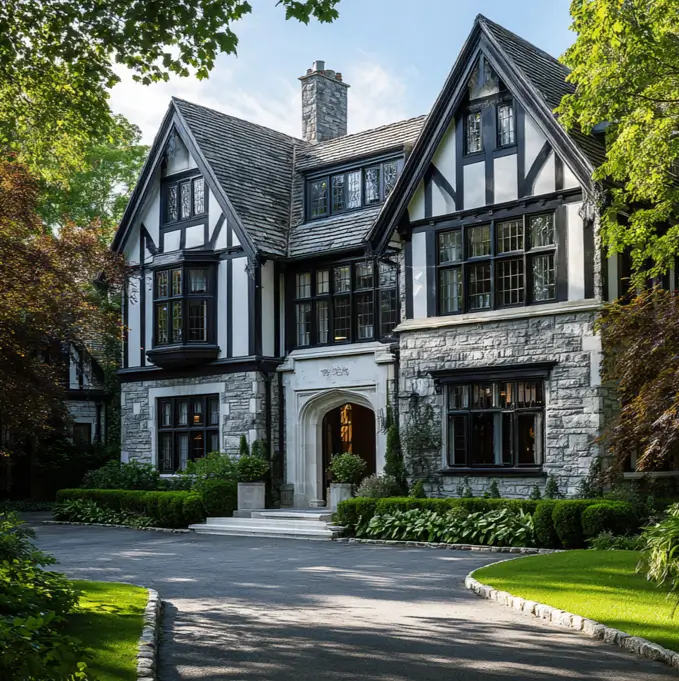 Grand stone Tudor manor with a circular driveway and dramatic black and white timbered gables.