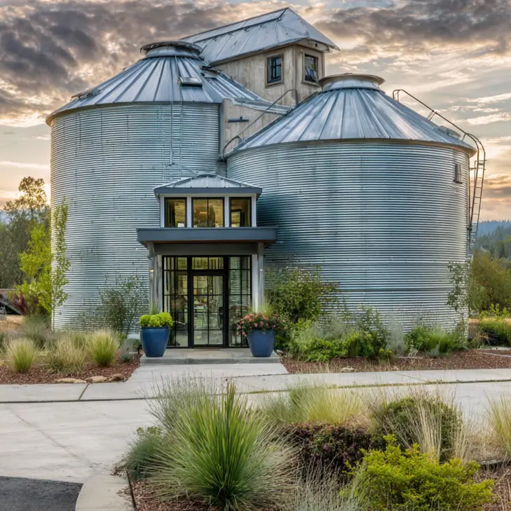 A grand grain silo house design with two silos connected by a modern glass entryway and an upper-level structure at sunset.