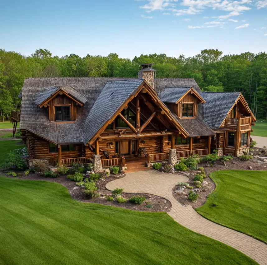 A grand log cabin home design with a timber-framed entrance, set against a vast, manicured green lawn.