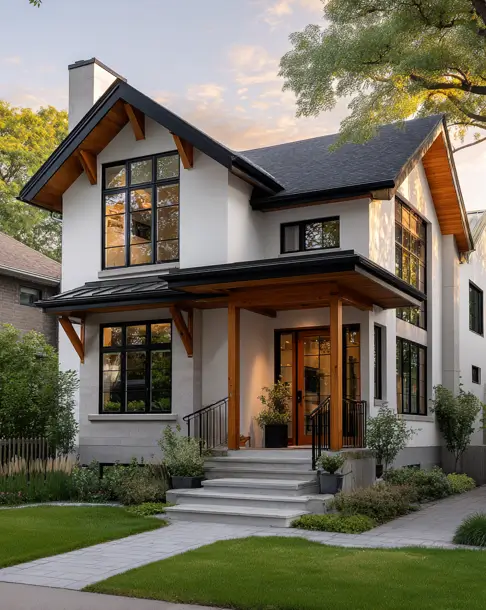 36 Modern Cottage Exterior Ideas to Achieve Timeless Curb Appeal 14 A modern cottage with a smooth white exterior, featuring prominent warm wood beams on the porch and gable that contrast with black-framed windows.