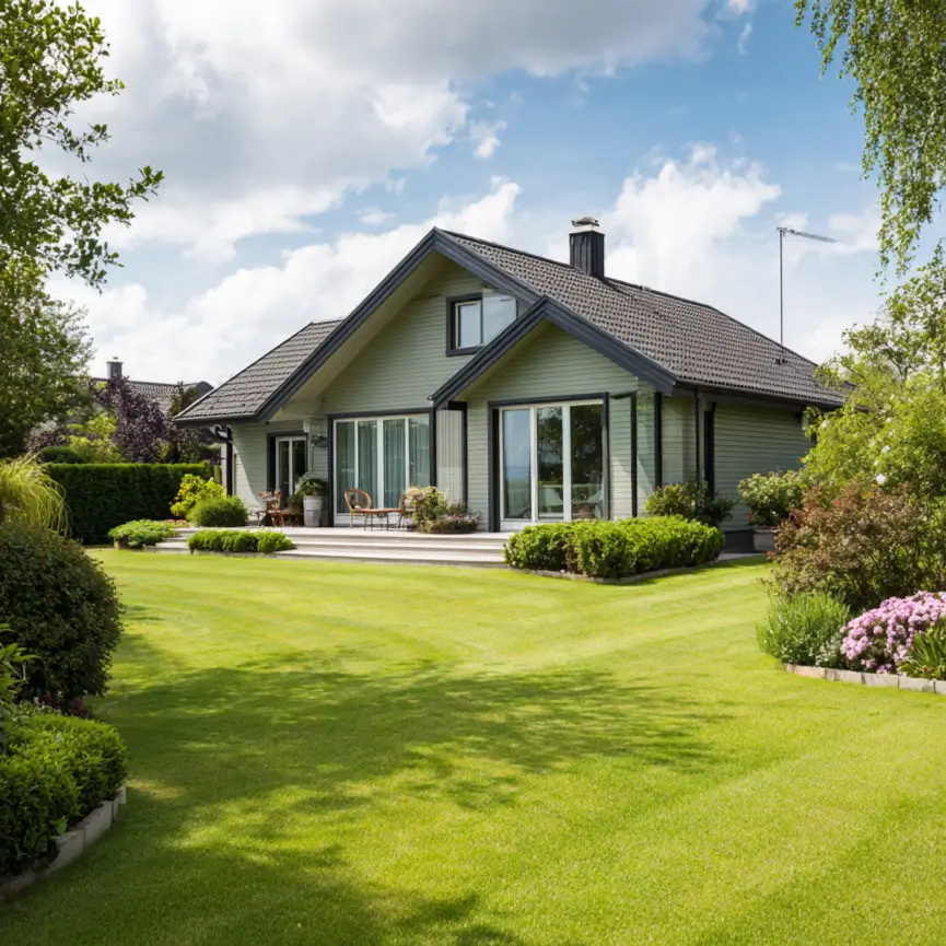 A single-level modern ranch-style sage green house exterior with large black-framed glass doors leading to a manicured lawn.