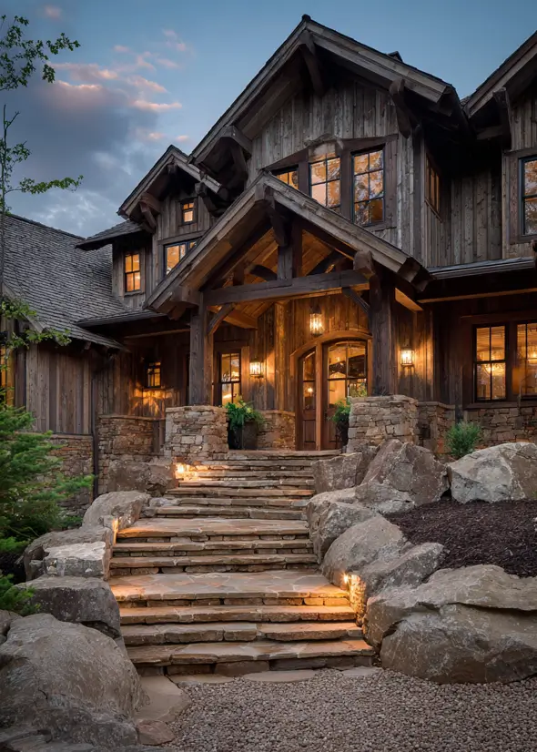 A grand rustic mountain lodge at dusk, with a heavy timber entryway, illuminated stone steps, and weathered wood siding.