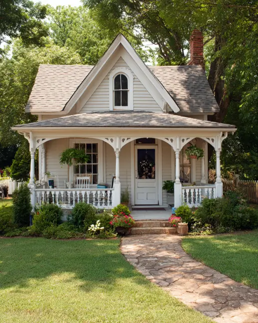 A small off-white cottage with a classic wraparound porch featuring decorative Victorian-style brackets.