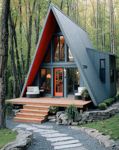 Tiny A-Frame Cabins: 31 Inspiring Ideas for Your Dream Retreat 14 A sleek gray tiny a frame cabin with a surprise pop of orange color on its front door.