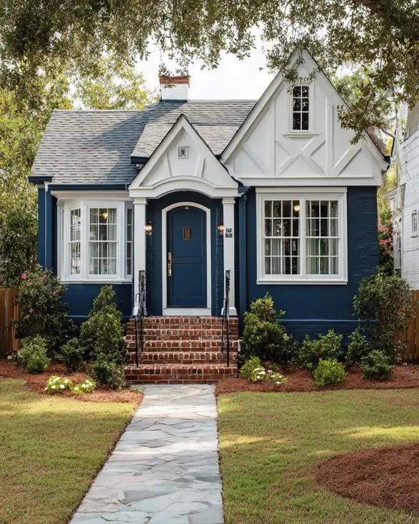 Sophisticated small modern Tudor-style house painted in a deep navy blue with brilliant white trim on the portico and a matching navy front door.