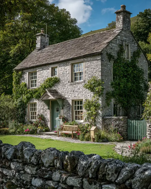A beautiful stone english cottage with its walls adorned in lush green climbing ivy, seamlessly blending the house design with the garden.