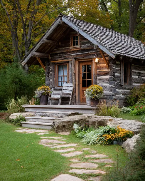 A weathered tiny log cabin with large, natural stone steps, a wood shake roof, and pots of yellow flowers.