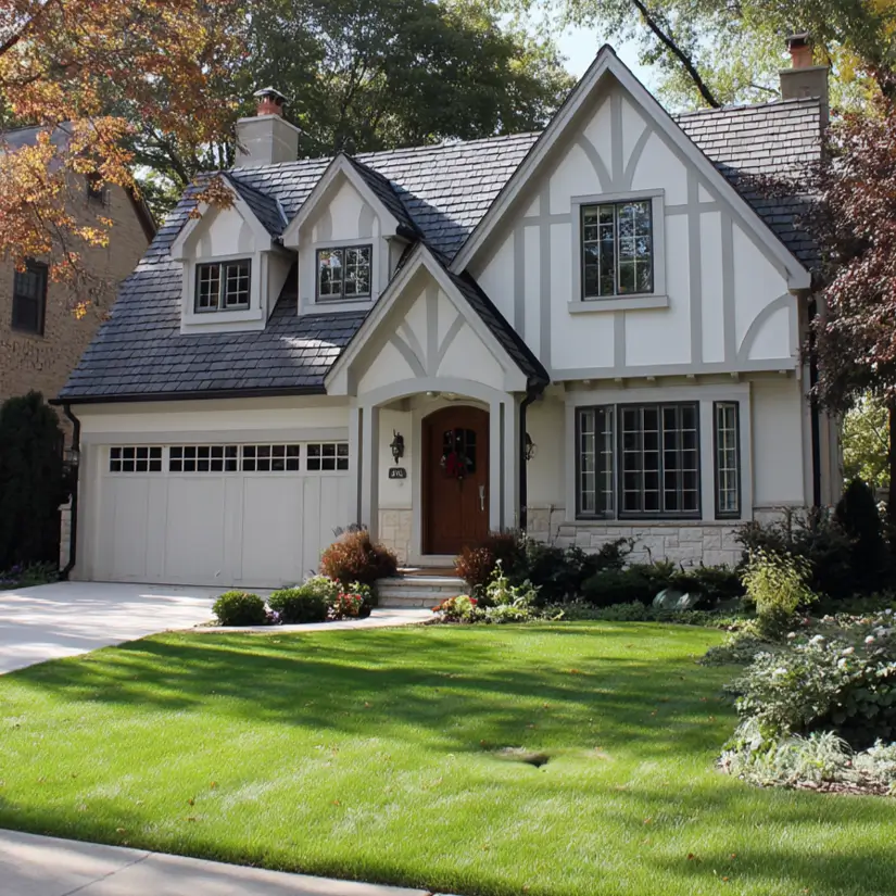A storybook Tudor-style suburban house exterior with its characteristic decorative half-timbering over light stucco and a steep, prominent roofline.