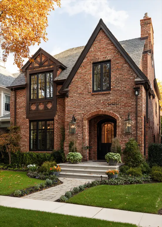 Classic brick Tudor house with a beautiful dark wood oriel window and an arched entryway.
