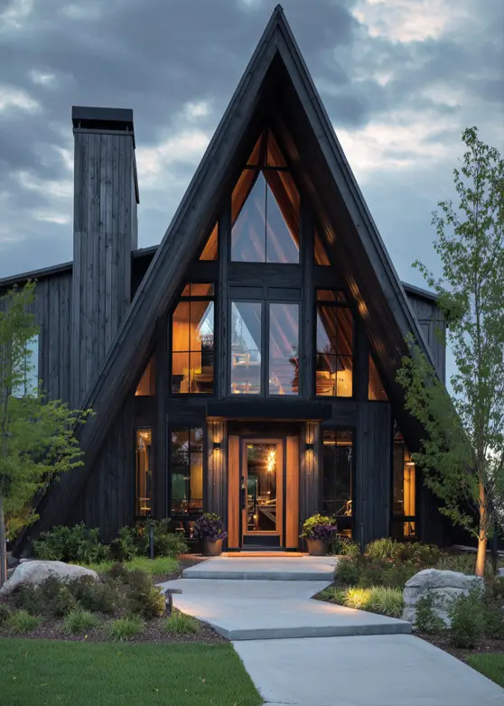 A dark wood modern A-frame home at dusk with a warmly lit, recessed entrance and a clean concrete walkway.