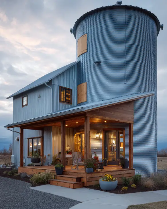 A hybrid grain silo house attached to a rectangular building, featuring a warm, covered wooden porch that connects the two structures.