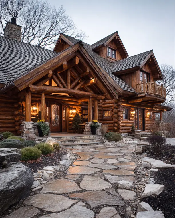 A grand log cabin house style with an intricate timber-framed entrance and a rustic flagstone path.
