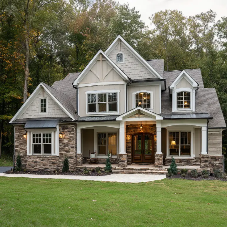 Stately modern craftsman house set against a lush woodland backdrop, featuring a mixed stone and siding exterior and a wide porch.