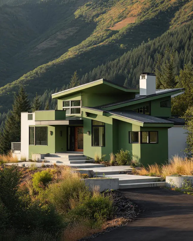 A modern home with an olive green and white exterior, situated on a sunlit mountain slope.