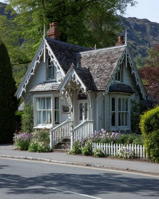A small, ornate white Victorian cottage with extensive gingerbread trim and a picket fence.