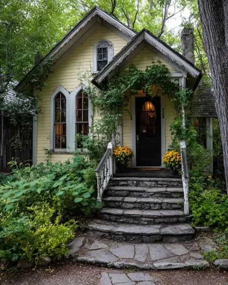 36 Tiny House Design Ideas + An Expert Interior Guide for 2025 15 A pale yellow tiny cottage with arched windows and lush vines on the porch.