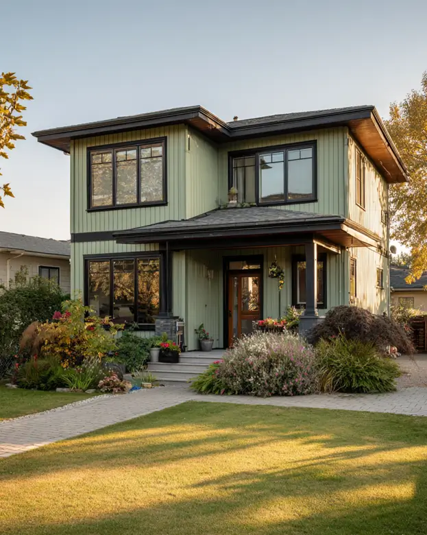 A modern sage green house with black trim in a prairie-inspired style, emphasizing strong horizontal lines and a connection to the garden.