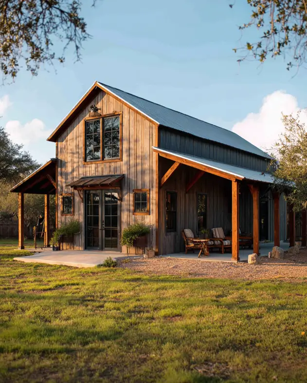 A rustic small barndominium house with weathered wood siding and several covered patios for outdoor living, framed by trees.