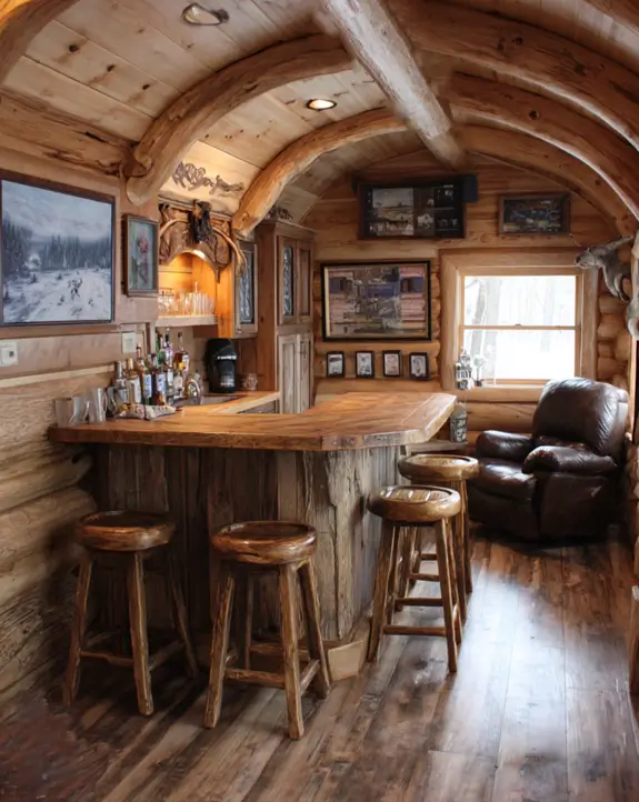 A unique bar log cabin with a curved, barrel-vaulted log ceiling and a comfortable leather recliner.