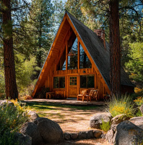 Tiny A-Frame Cabins: 31 Inspiring Ideas for Your Dream Retreat 15 A classic all-wood small a frame cabin with a glass front, sitting in a sun-dappled pine forest.