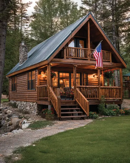 55 Tiny Cabin Ideas: The Ultimate Guide to Exterior & Interior Design 14 A log tiny cabin home design featuring a durable green metal roof, a tall fieldstone chimney, and a welcoming upper balcony.