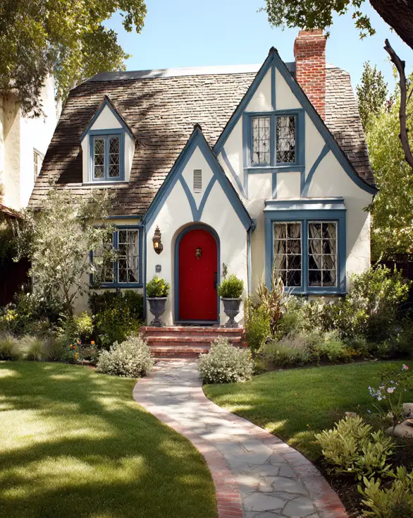 Whimsical small Tudor-style house with a storybook feel, featuring a bright red arched door, dusty blue trim, and creamy stucco walls.