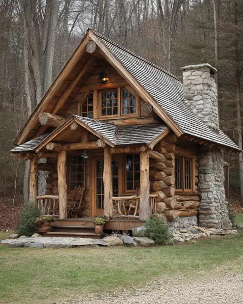 A storybook tiny log cabin home with multi-pane windows, a large stone chimney, and a wood shake roof in a woodland setting.