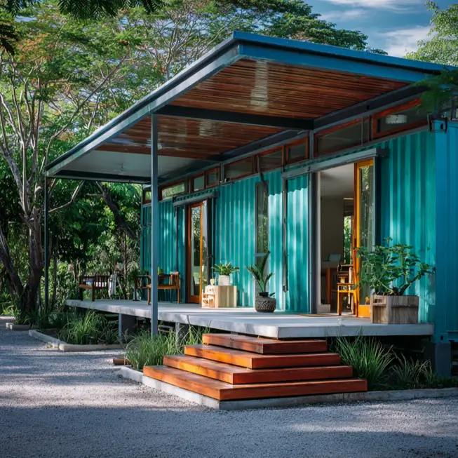 A long, vibrant turquoise shipping container home with an extended angled roof creating a shaded porch, featuring warm wooden steps and accents, set in a lush, wooded area.