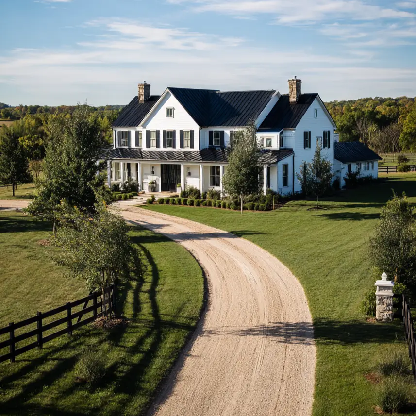A sprawling white country estate with black shutters and a long gravel driveway.