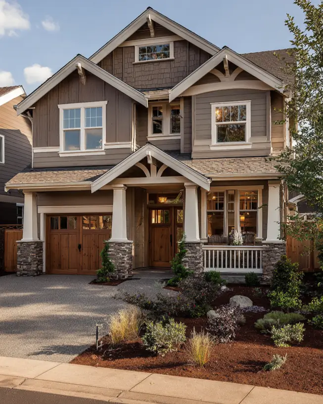 Well-balanced contemporary craftsman house with earthy brown siding, stone porch piers, white tapered columns, and natural wood garage doors.