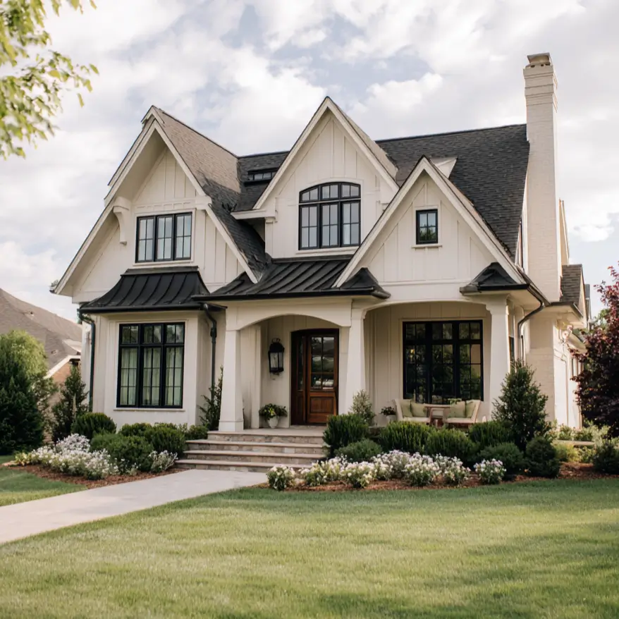 A modern farmhouse cream and black house idea with light cream siding, black windows, and a warm wood front door.