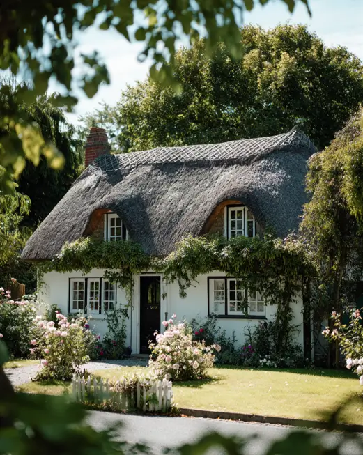 A quintessential white english cottage surrounded by an abundant garden, with blooming pink rose bushes framing the front lawn and walkway.