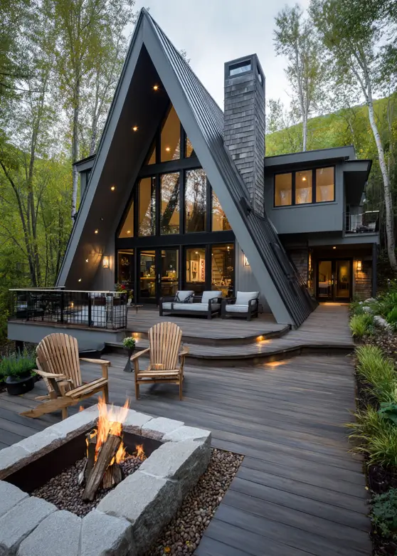 A modern A-frame cabin with a large multi-level deck and a stone fire pit in a forest setting.
