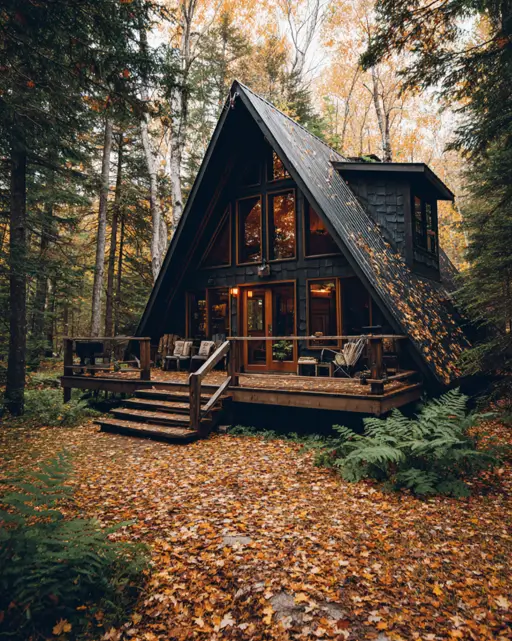 55 Tiny Cabin Ideas: The Ultimate Guide to Exterior & Interior Design 15 A modern black A-frame tiny cabin idea with a spacious wooden deck for seating, set in a forest carpeted with golden autumn leaves.