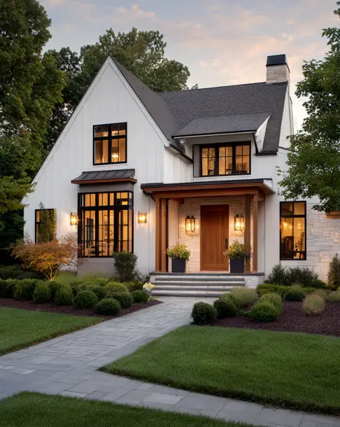 36 Modern Cottage Exterior Ideas to Achieve Timeless Curb Appeal 16 A modern cottage exterior at dusk, showing a mix of white vertical siding and light natural stone, with a warm glow from the wood-lined porch.