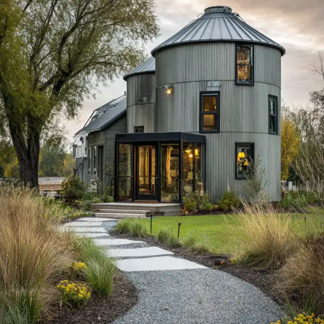 A modern grain silo home featuring a glass breezeway that connects to the main house, viewed from a landscaped garden path.