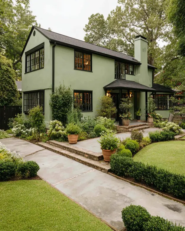 A contemporary sage green house exterior with a smooth stucco finish and high-contrast black window frames for a minimalist aesthetic.