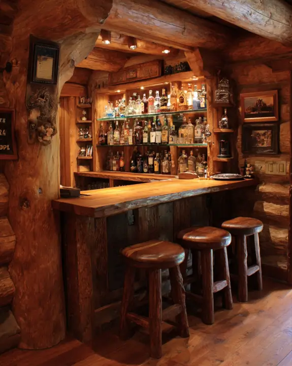 An intimate bar log cabin nestled into a custom nook, with a well-lit back bar and solid, hand-hewn stools.