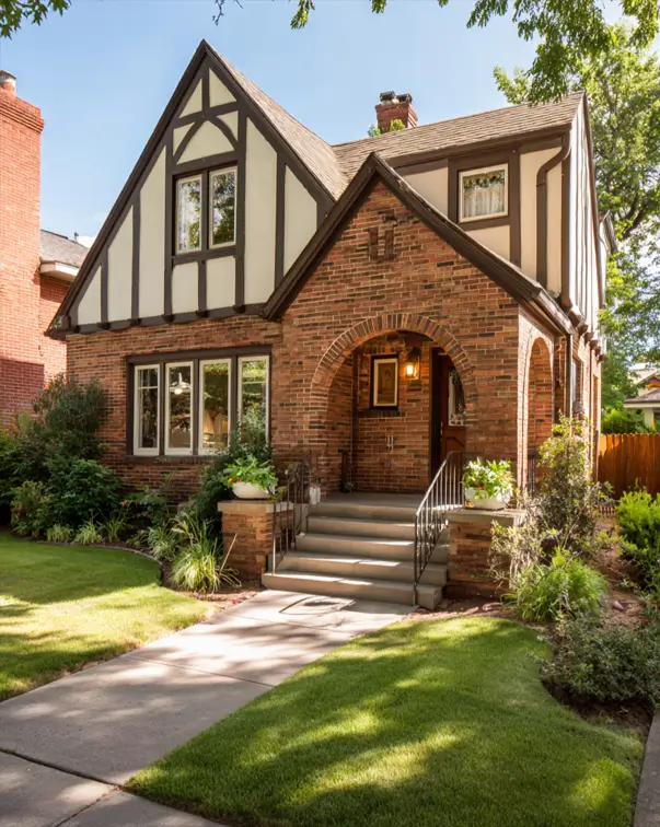 A substantial small Tudor home with a grand covered front porch formed by multiple brick arches, below traditional half-timbering.