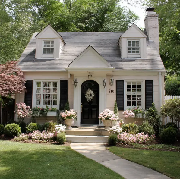 A symmetrical blush-colored cottage with black shutters and a central arched doorway.