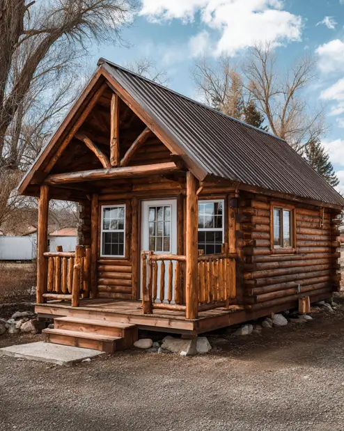 A tidy tiny log cabin with exposed wood trusses in the front gable, a metal roof, and a white door.
