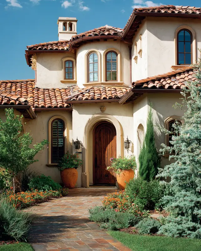 A luxurious Tuscan-style suburban house exterior with warm stucco walls, an authentic red terracotta tile roof, and a romantic arched wooden front door.
