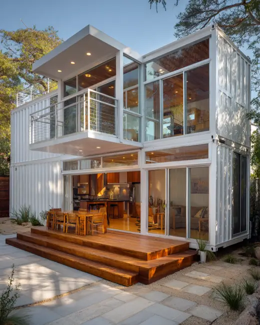 A modern two-story white shipping container home with floor-to-ceiling glass, an open-concept interior, a cantilevered second-floor balcony, and a warm wooden deck in the backyard.