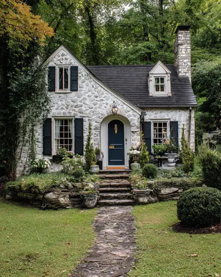 36 Tiny House Design Ideas + An Expert Interior Guide for 2025 16 A whitewashed stone tiny cottage with a dark blue door and black shutters.