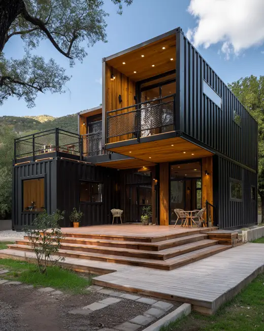 A two-story black shipping container home set in a wooded area, featuring recessed balconies and ceilings lined with warm-toned wood, and a large multi-level wooden deck.