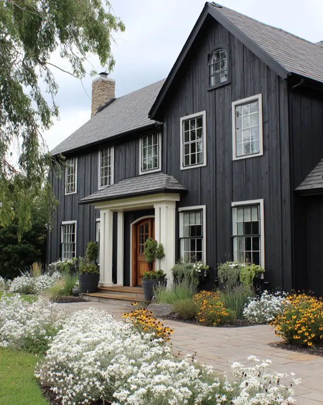 A bold black farmhouse exterior with contrasting white trim and a traditional white portico at the entrance.
