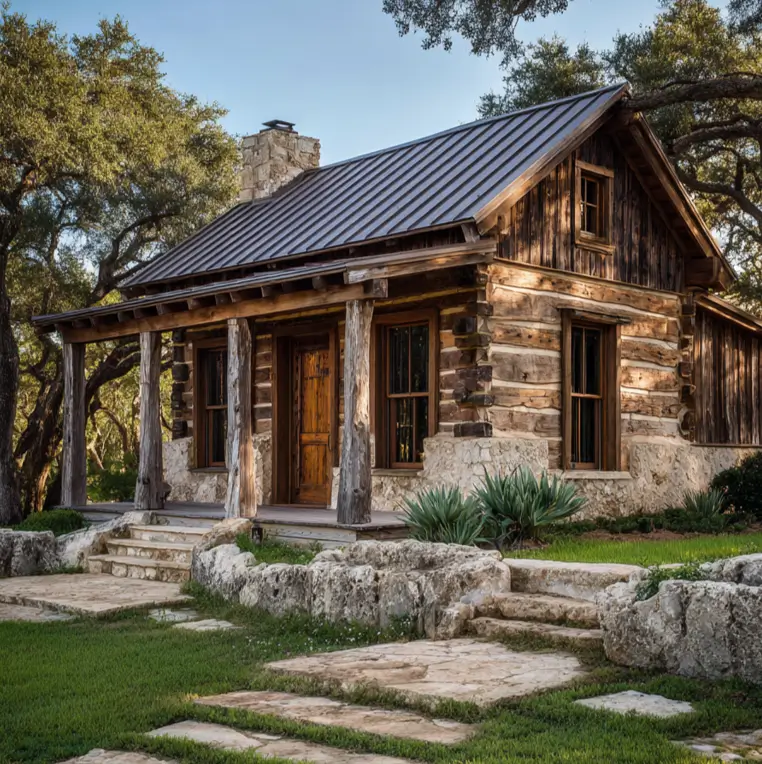 A classic log cabin house design featuring a dark metal roof and a simple stone foundation.