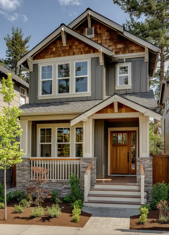Contemporary craftsman house exterior featuring gray vertical siding on the main body and natural cedar shake shingles in the gables.