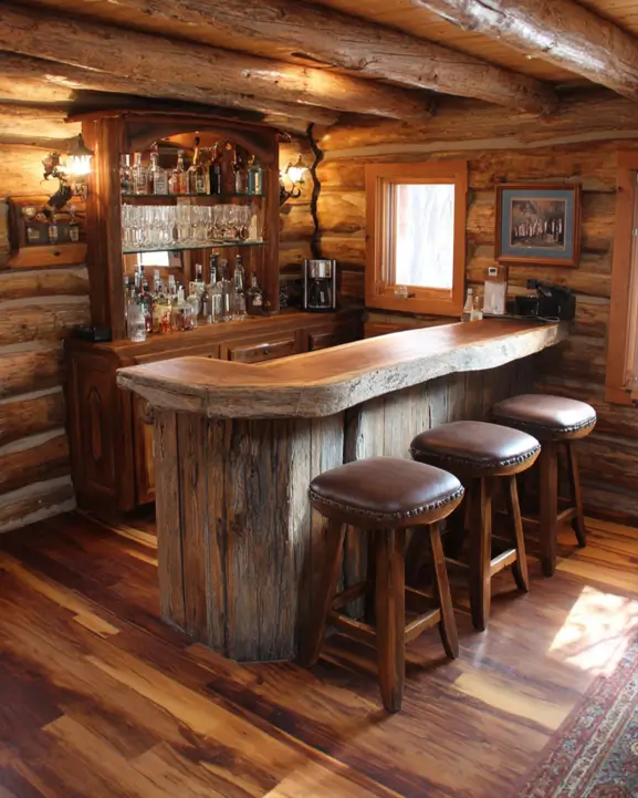 A cozy corner bar in a log cabin with a traditional wooden hutch and leather-topped stools.
