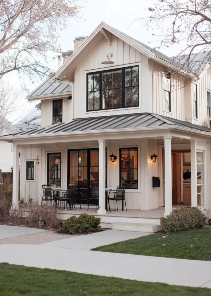 A modern farmhouse cream and black house exterior with cream siding, black windows, and a dark metal roof, featuring a welcoming front porch.